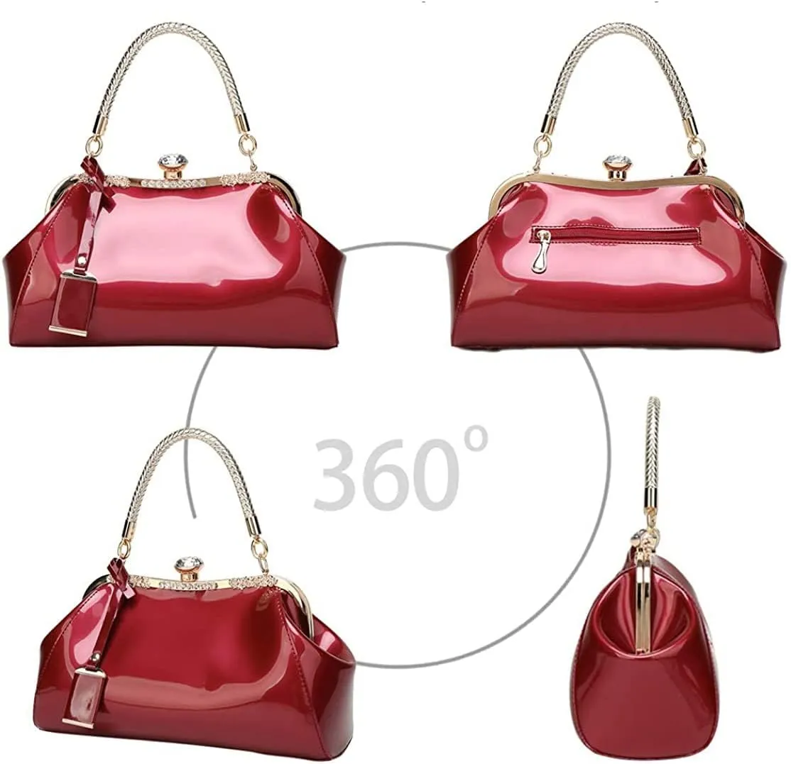 RTGGSEL Women's Crystal Glossy Patent Leather Top Handle Tote Evening Handbag Wedding Crossbody Shoulder Bags Satchel Purse