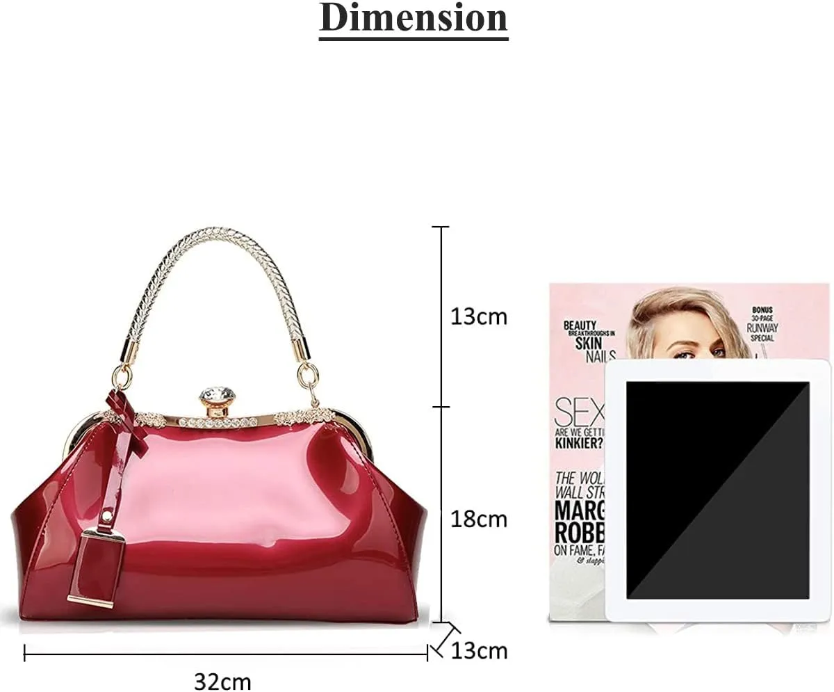 RTGGSEL Women's Crystal Glossy Patent Leather Top Handle Tote Evening Handbag Wedding Crossbody Shoulder Bags Satchel Purse