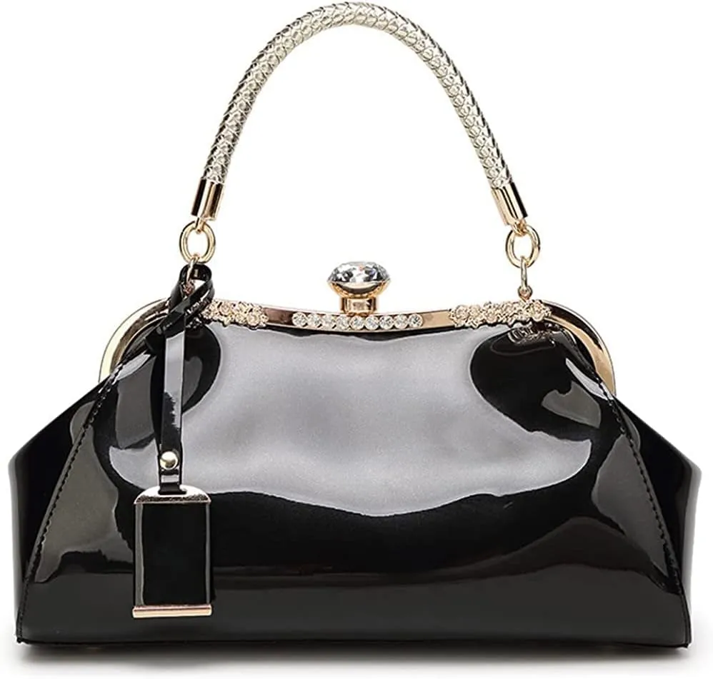 RTGGSEL Women's Crystal Glossy Patent Leather Top Handle Tote Evening Handbag Wedding Crossbody Shoulder Bags Satchel Purse