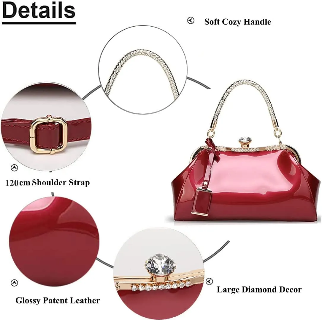 RTGGSEL Women's Crystal Glossy Patent Leather Top Handle Tote Evening Handbag Wedding Crossbody Shoulder Bags Satchel Purse