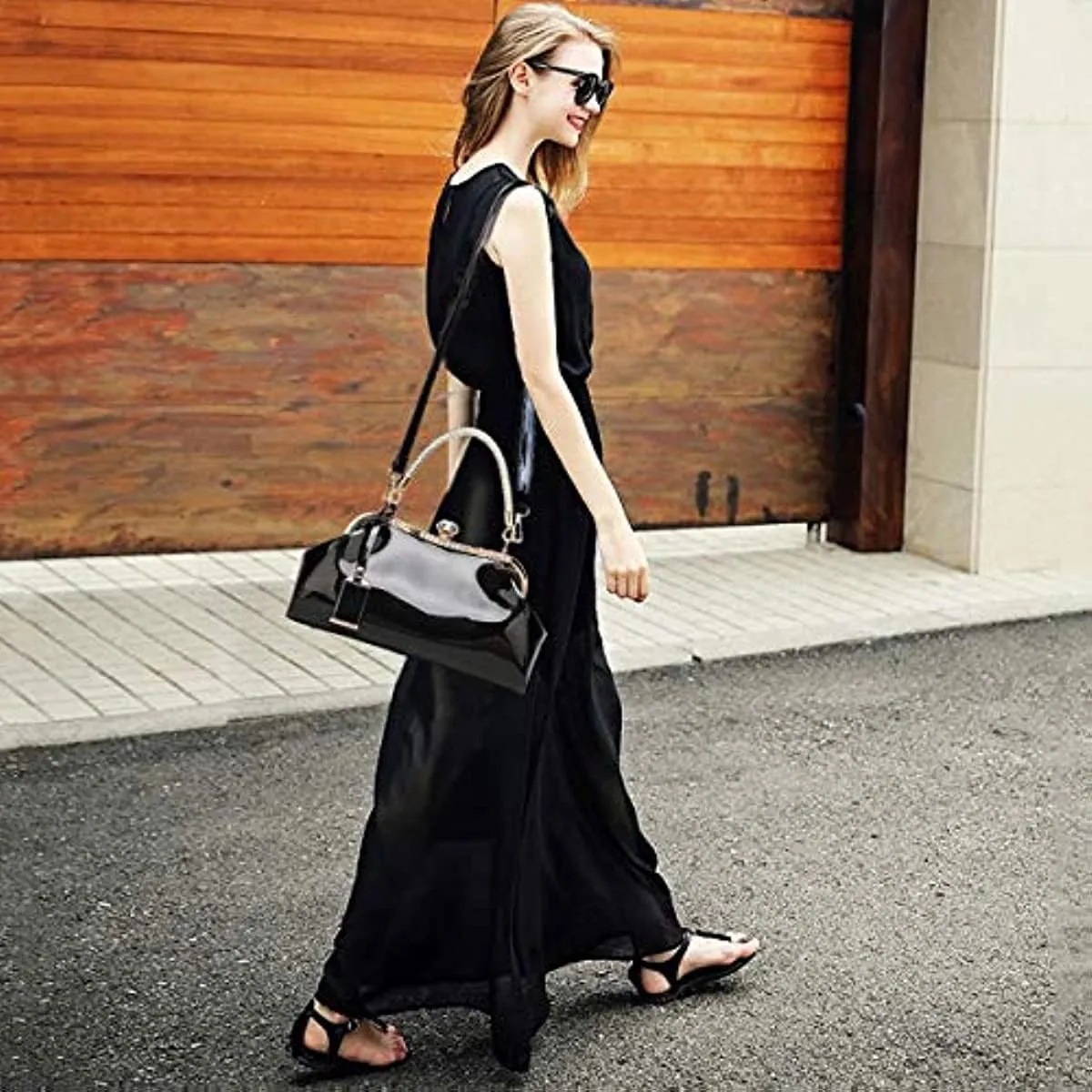 RTGGSEL Women's Crystal Glossy Patent Leather Top Handle Tote Evening Handbag Wedding Crossbody Shoulder Bags Satchel Purse