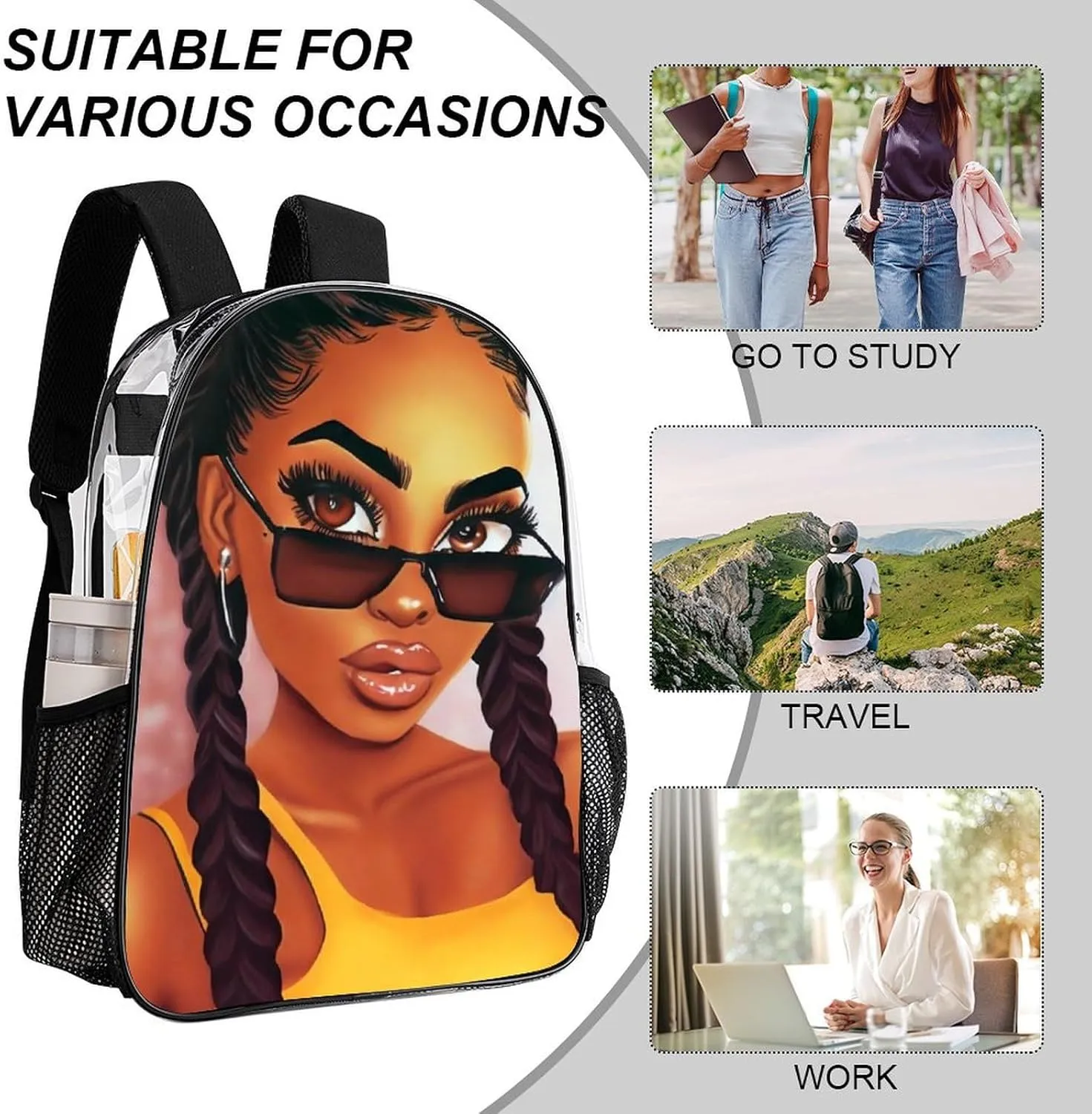 Rucksack Anti-Theft Multipurpose Large Capacity Carry On Bag - Abstract Fashion Black Women Art African American Women Art Travel Hiking Day Pack Transparent Bag