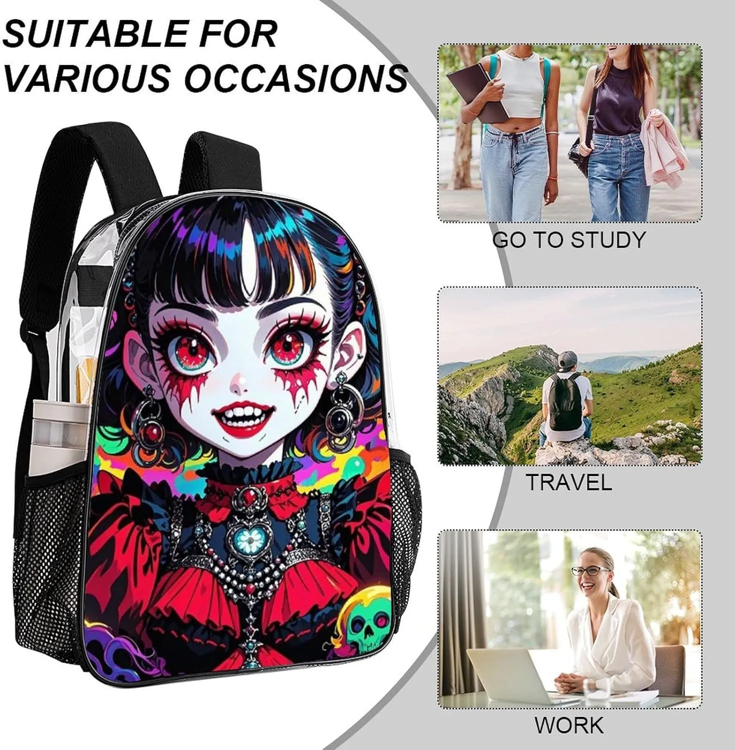 Rucksack Multipurpose Anti-Theft Big Capacity Shoulder Bag - Beautiful Women Gothic Women Skull Neon Art Travel Hiking & Camping Rucksack Transparent Bag