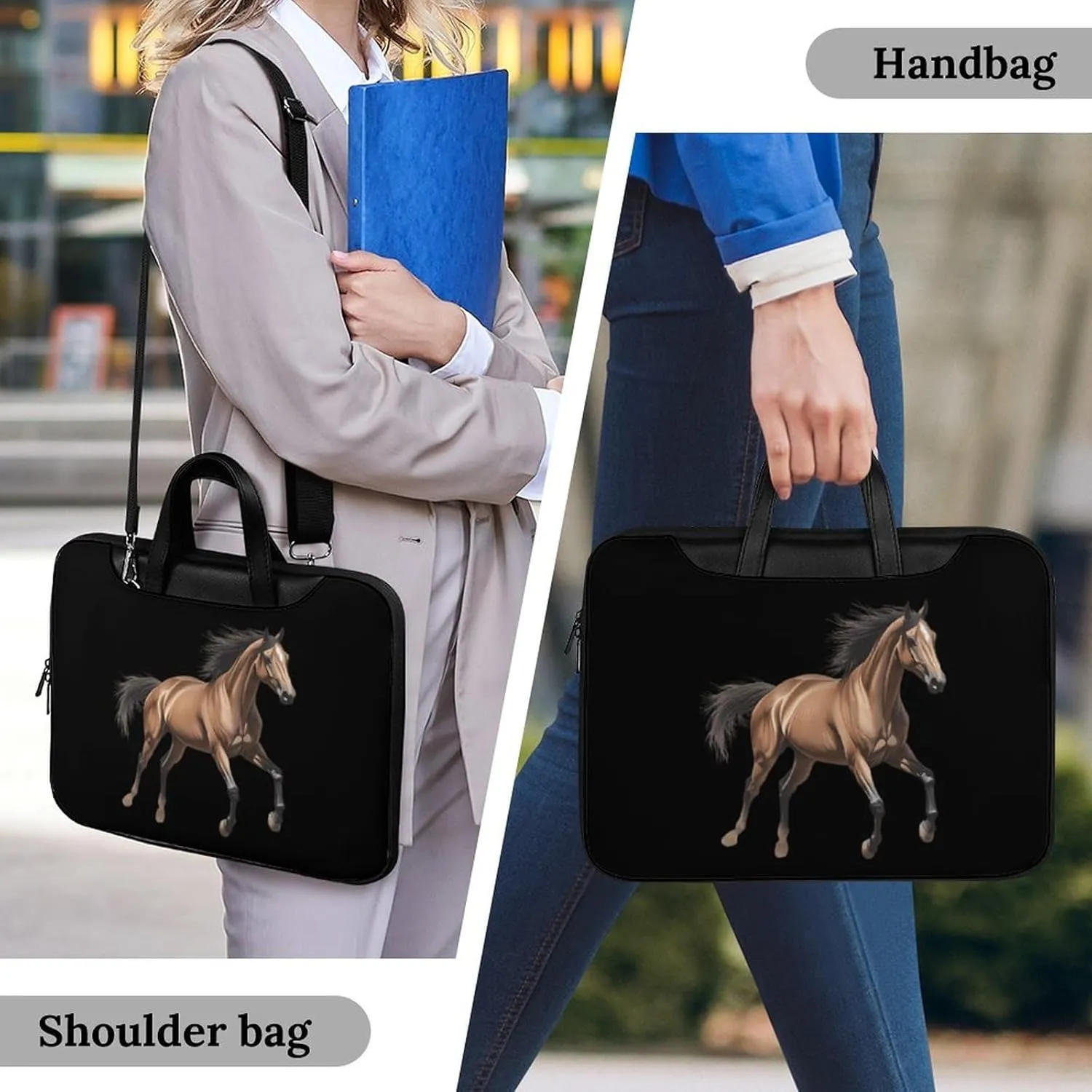 Running Arabian Horse Leather Bag Laptop Case Slim Water Resistant Computer Bags with Handle Briefcase for Work