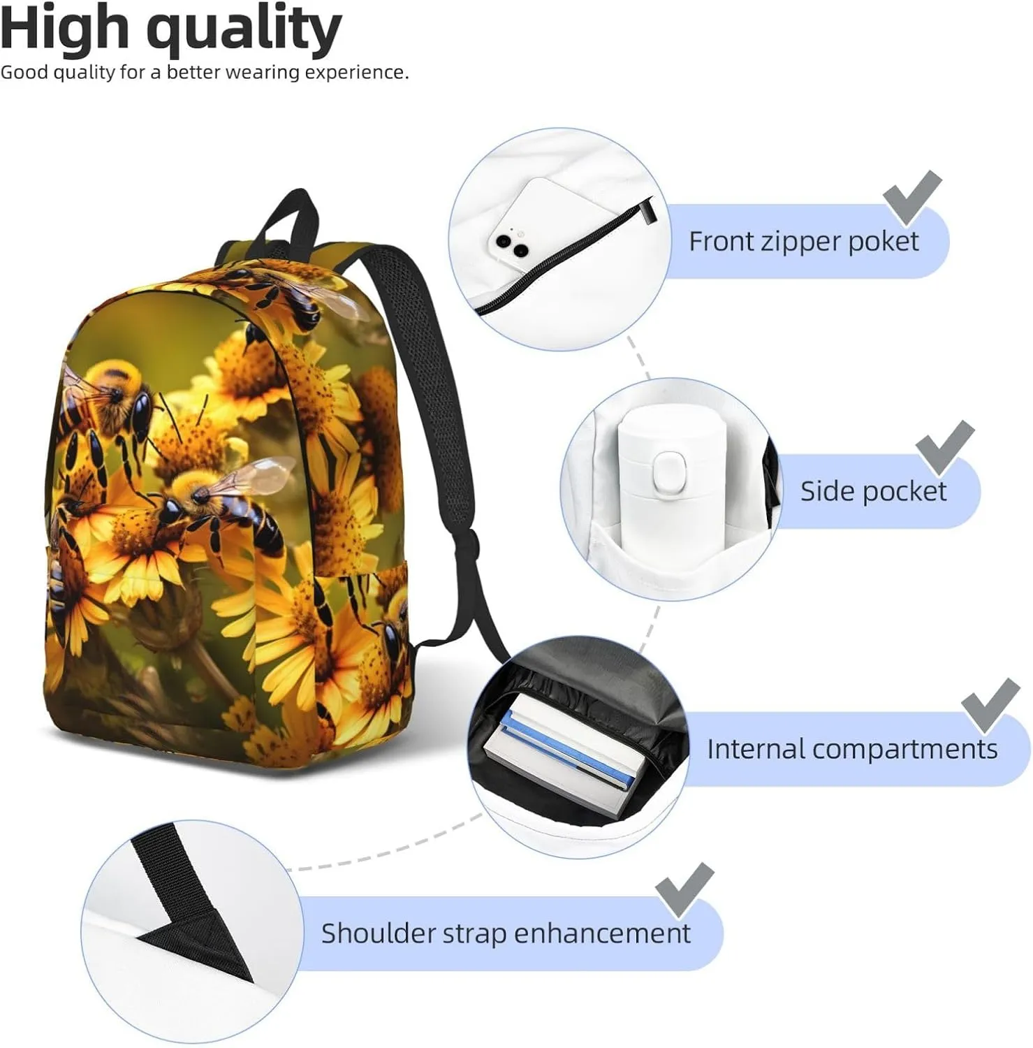 Rural Honey Bees Flowers Canvas Backpack For Men Women,Casual Rucksack Backpack, Laptop College Hiking Travel Bag