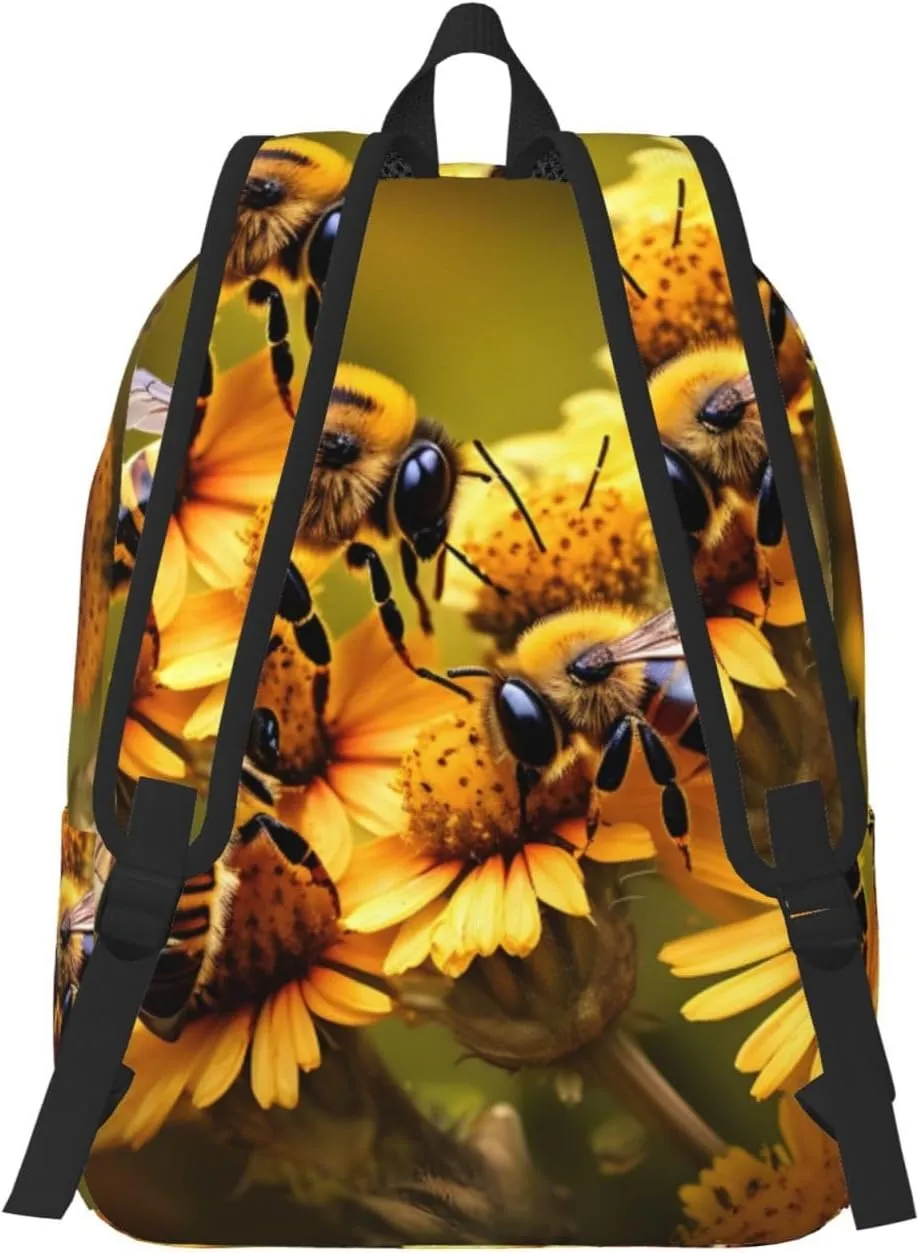 Rural Honey Bees Flowers Canvas Backpack For Men Women,Casual Rucksack Backpack, Laptop College Hiking Travel Bag