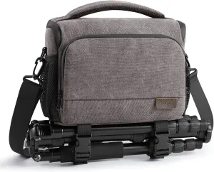 S-ZONE Camera Bags for Photographers Small Crossbody Shoulder Bag DSLR SLR Mirrorless Camera Case with Tripod Holder Waterproof Zipper Grey