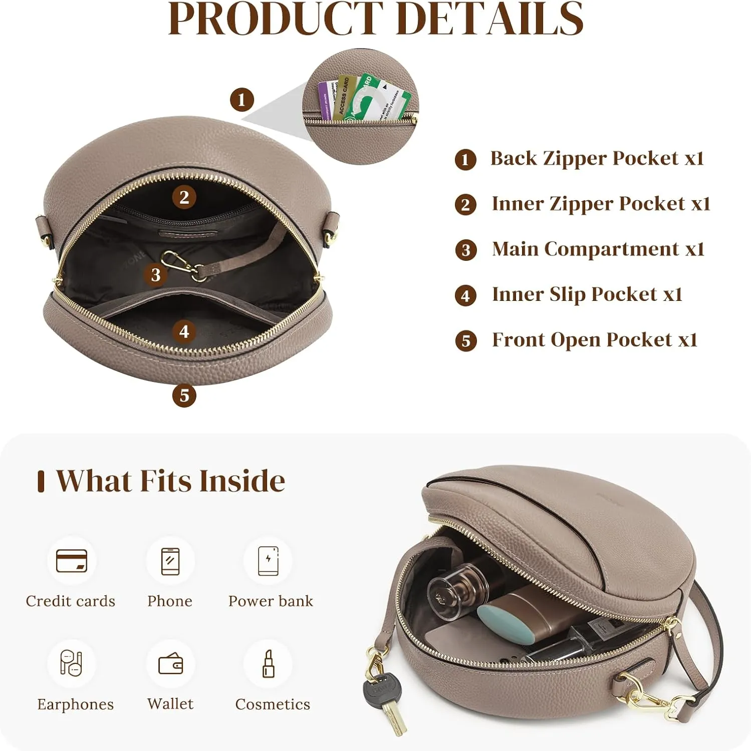S-ZONE Leather Crossbody Bags for Women Vintage Circle Shoulder Purse Trendy Round Handbag with Adjustable Strap