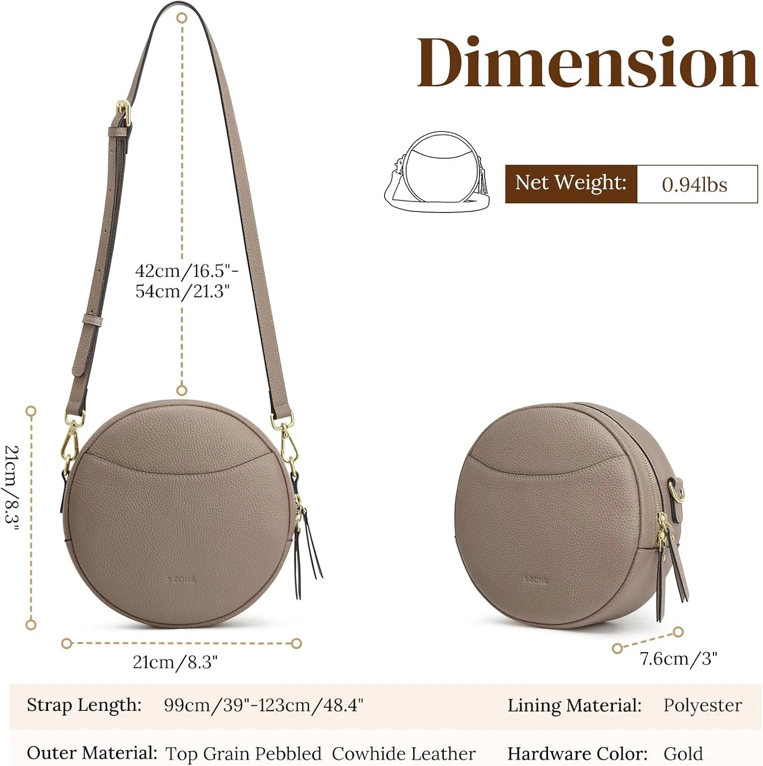 S-ZONE Leather Crossbody Bags for Women Vintage Circle Shoulder Purse Trendy Round Handbag with Adjustable Strap