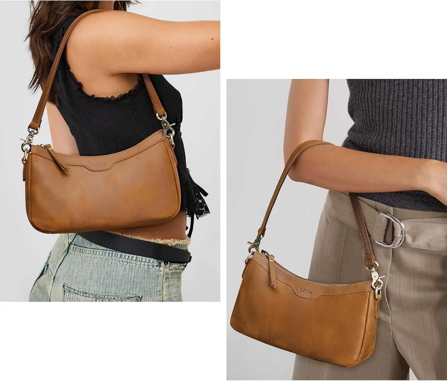 S-ZONE Leather Shoulder Bag for Women Small Crossbody Bags Hobo Purses with 2 Straps