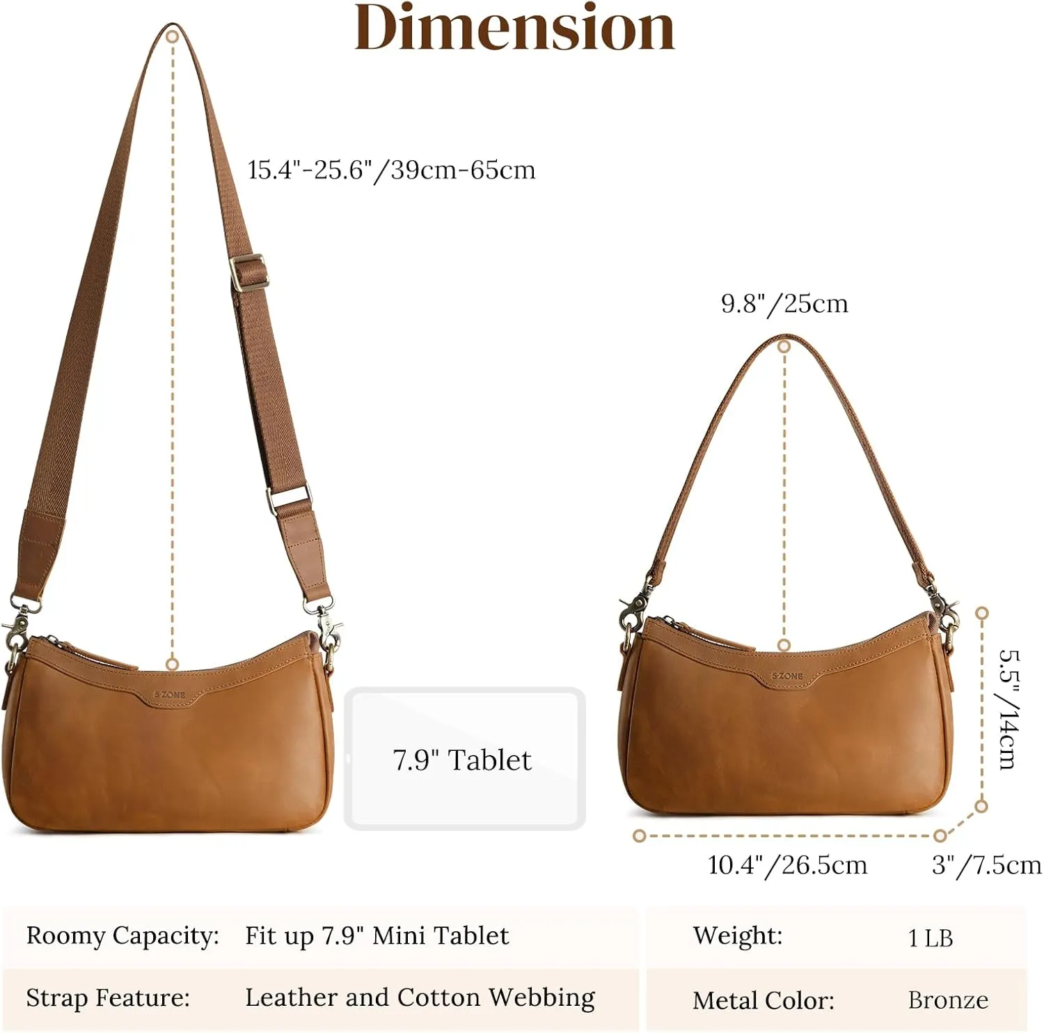 S-ZONE Leather Shoulder Bag for Women Small Crossbody Bags Hobo Purses with 2 Straps
