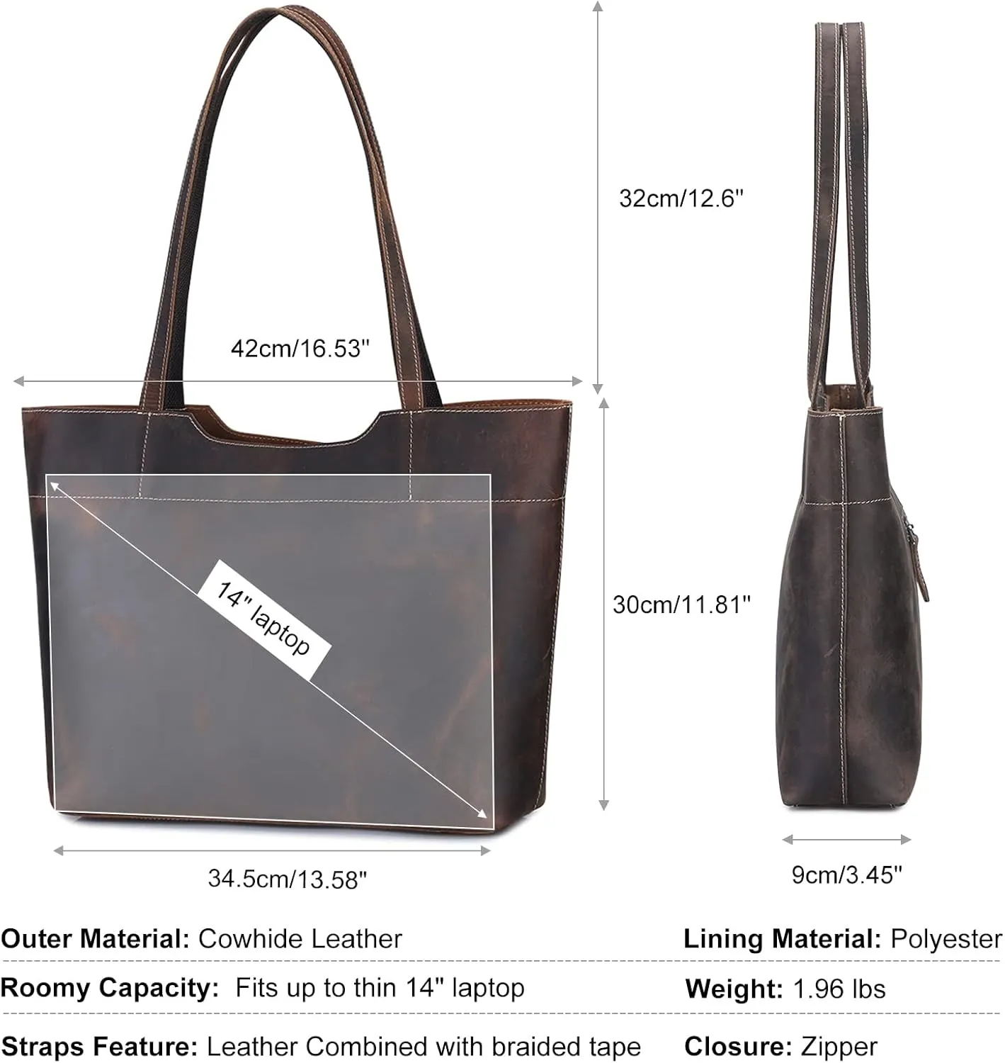 S-ZONE Vintage Genuine Leather Tote Bag for Women Large Handbag Shoulder Purse