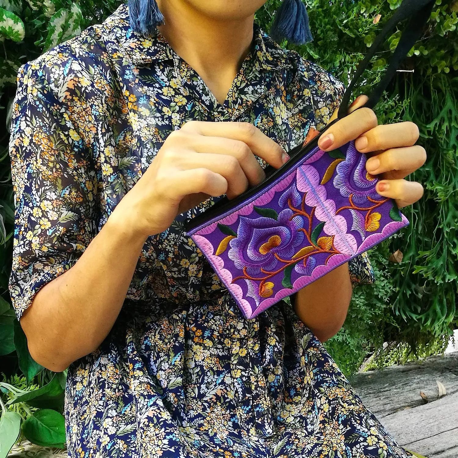 Sabai Jai - Mini Floral Embroidered Coin Purse Wristlet (Purple/Purple)