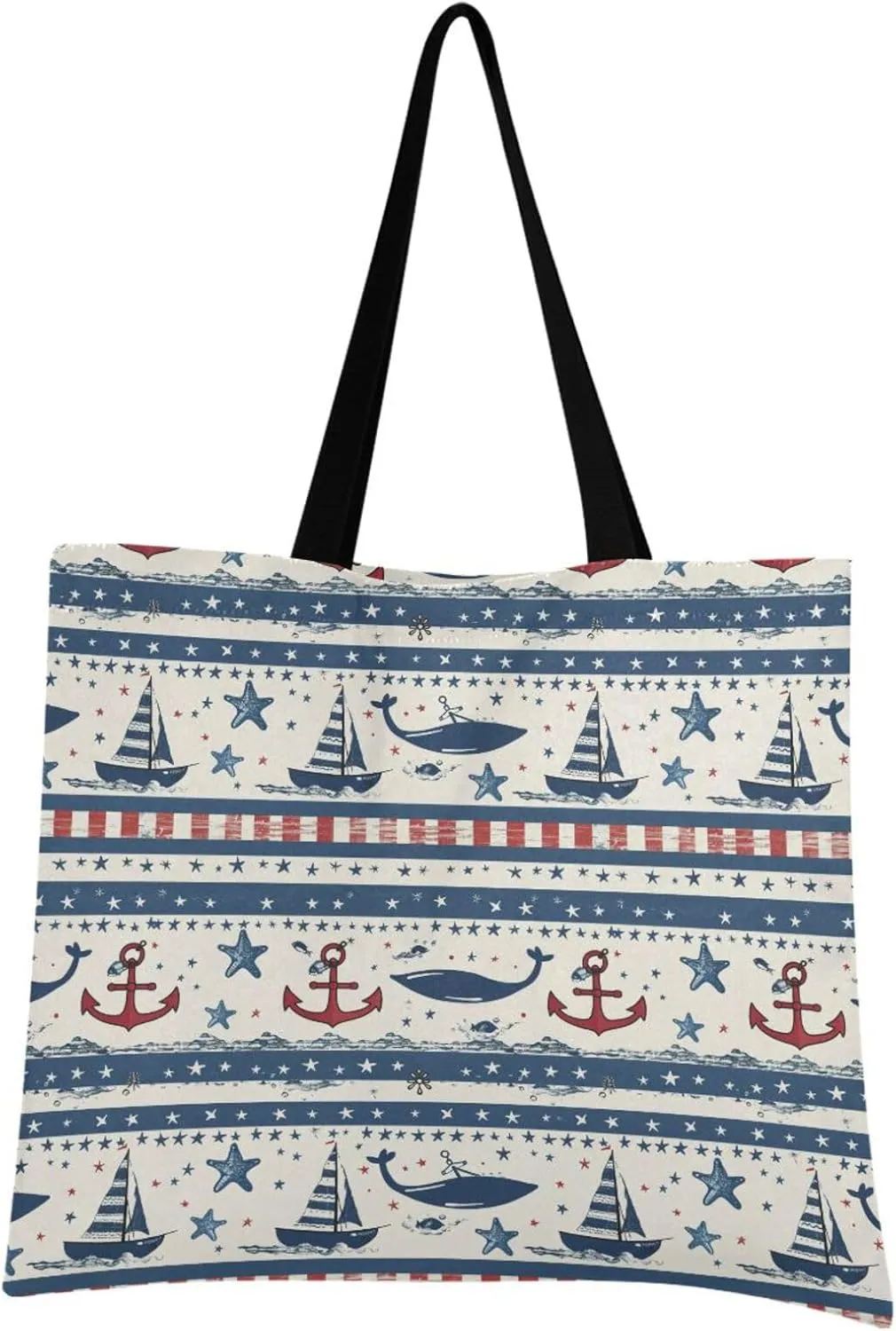 Sailboat Anchor Stars Stripe Canvas Tote Bag Aesthetic Reusable Canvas Bags for Festival Shopping Travel