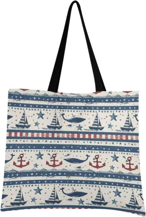 Sailboat Anchor Stars Stripe Canvas Tote Bag Aesthetic Reusable Canvas Bags for Festival Shopping Travel