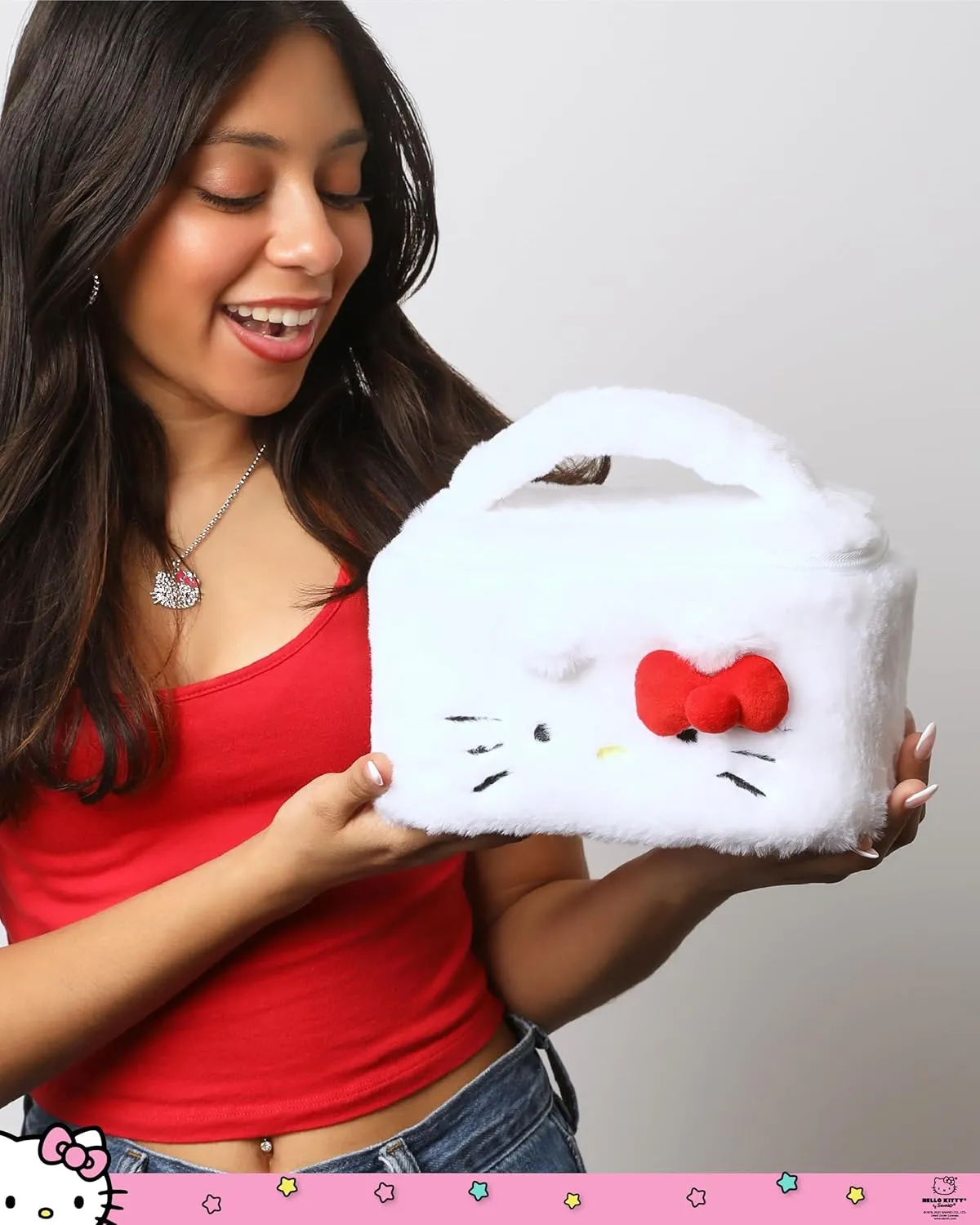 SALLY ROSE Hello Kitty Makeup Bag Official License, Plush Sanrio Cosmetic Bag with Zip and Handle, Fluffy and Cute Makeup Bag