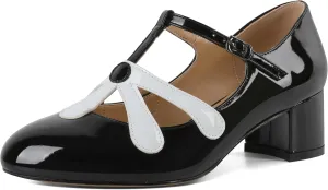 SAMMITOP Womens Mary Jane Shoes Chunky Block Heel Round Toe Low Heels T-Strap Mary Jane Pumps Flower Girl Shoes Dress Shoes 2 Inch