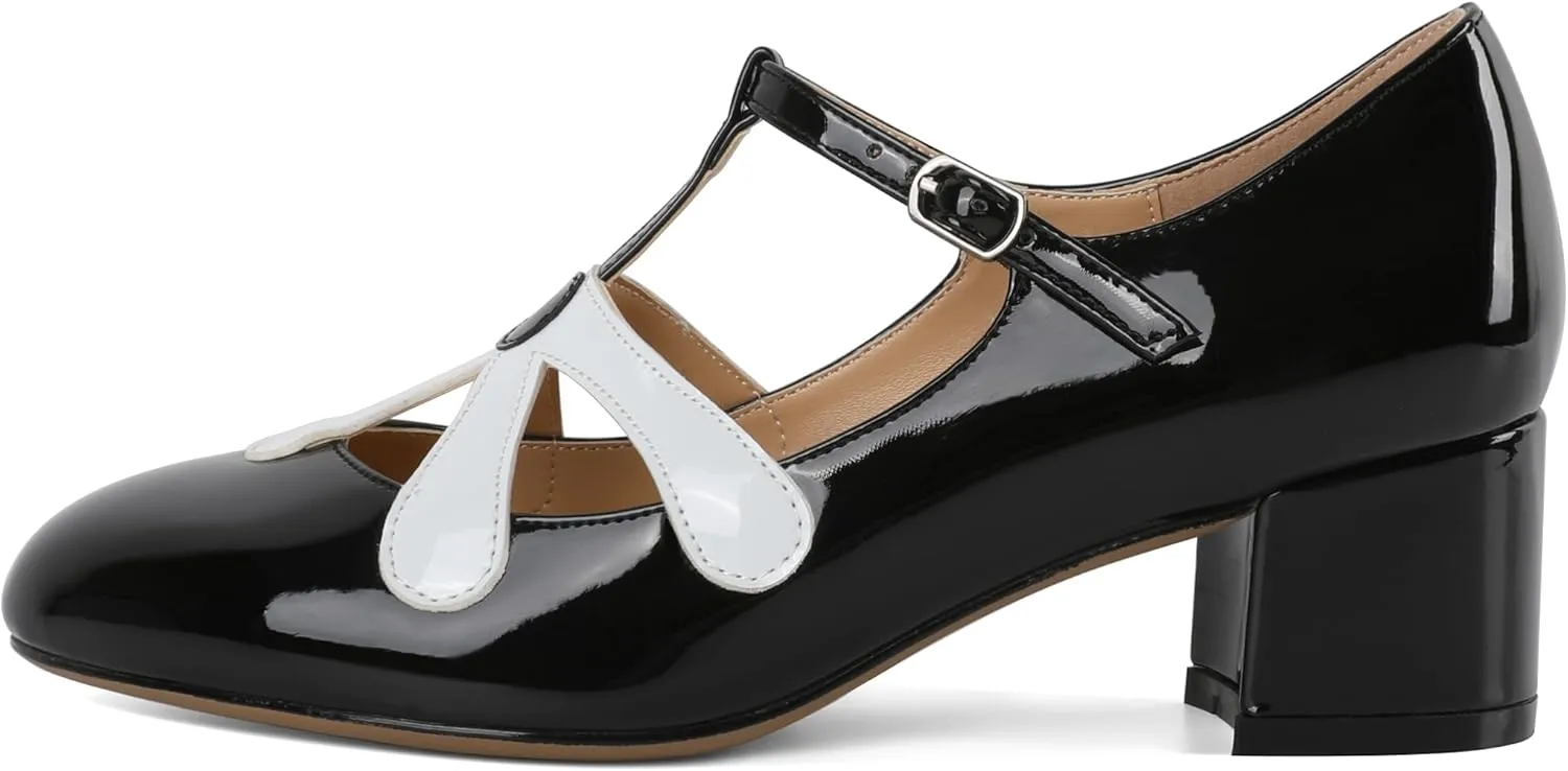 SAMMITOP Womens Mary Jane Shoes Chunky Block Heel Round Toe Low Heels T-Strap Mary Jane Pumps Flower Girl Shoes Dress Shoes 2 Inch