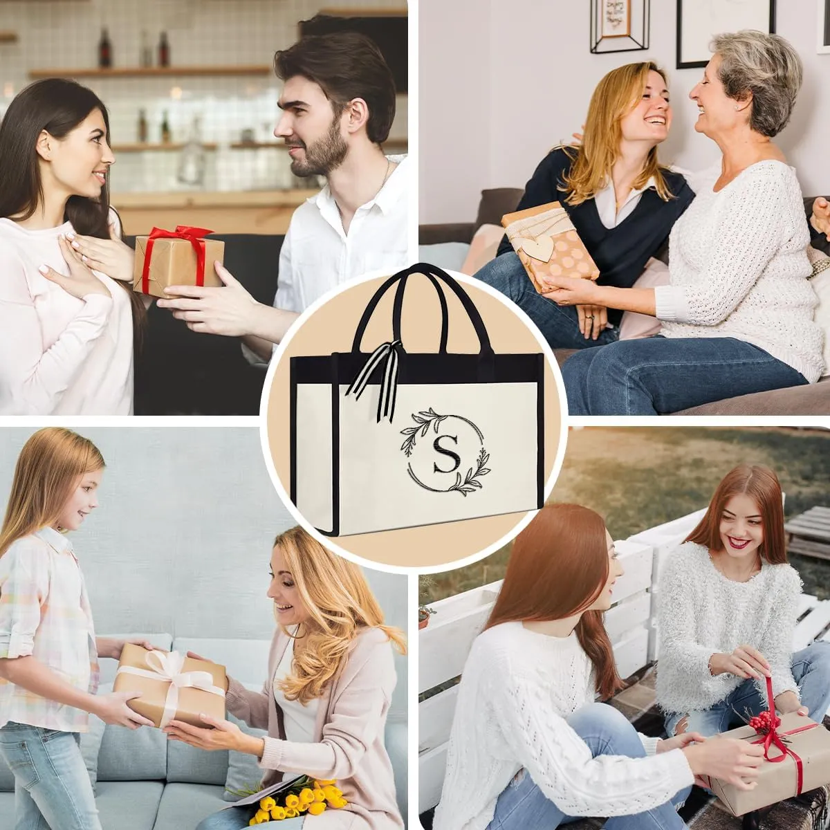 SANDJEST Monogrammed Canvas Tote Bag Embroidered Initial Beach Totes Bags Gifts for Women Friend Coworker Bridesmaid