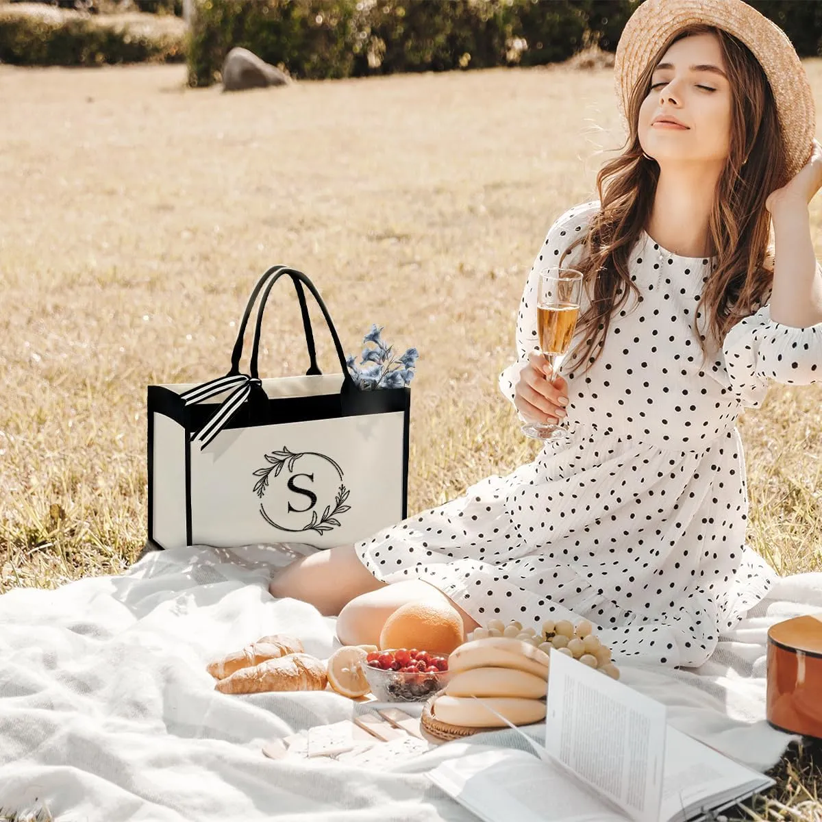 SANDJEST Monogrammed Canvas Tote Bag Embroidered Initial Beach Totes Bags Gifts for Women Friend Coworker Bridesmaid