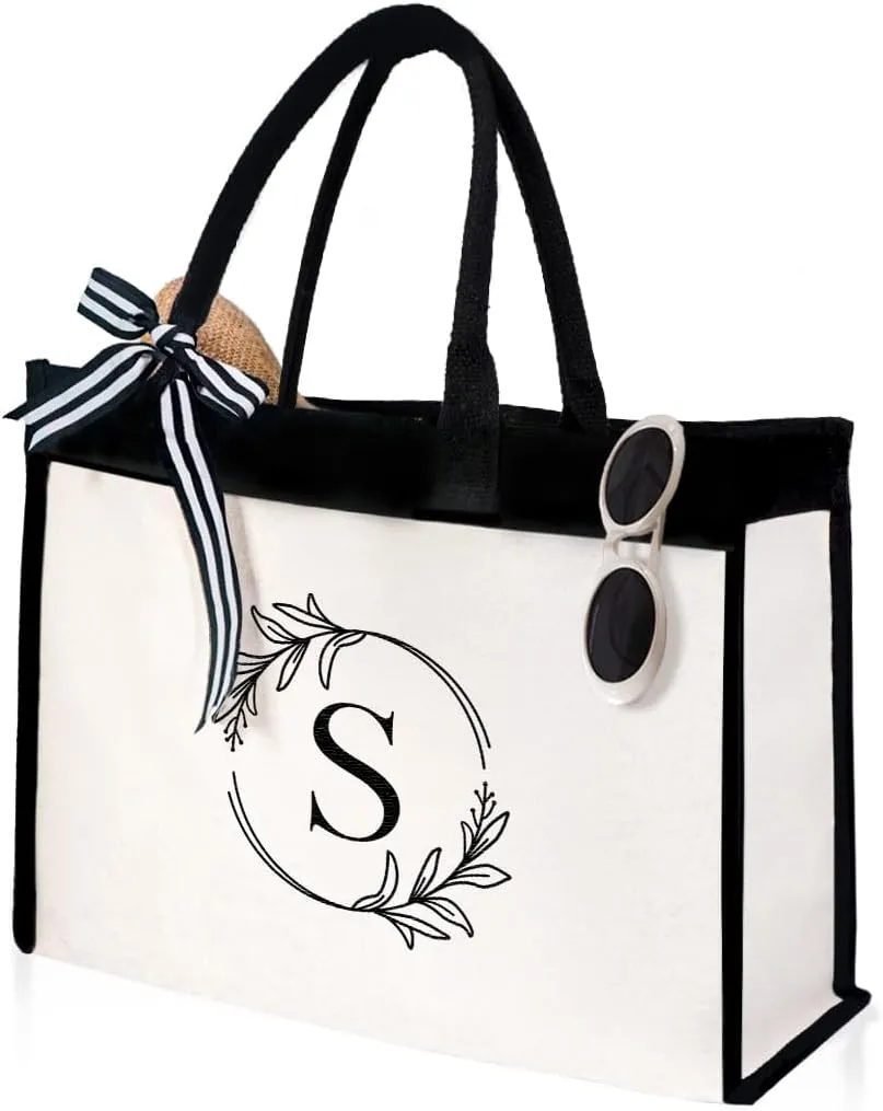 SANDJEST Monogrammed Canvas Tote Bag Embroidered Initial Beach Totes Bags Gifts for Women Friend Coworker Bridesmaid
