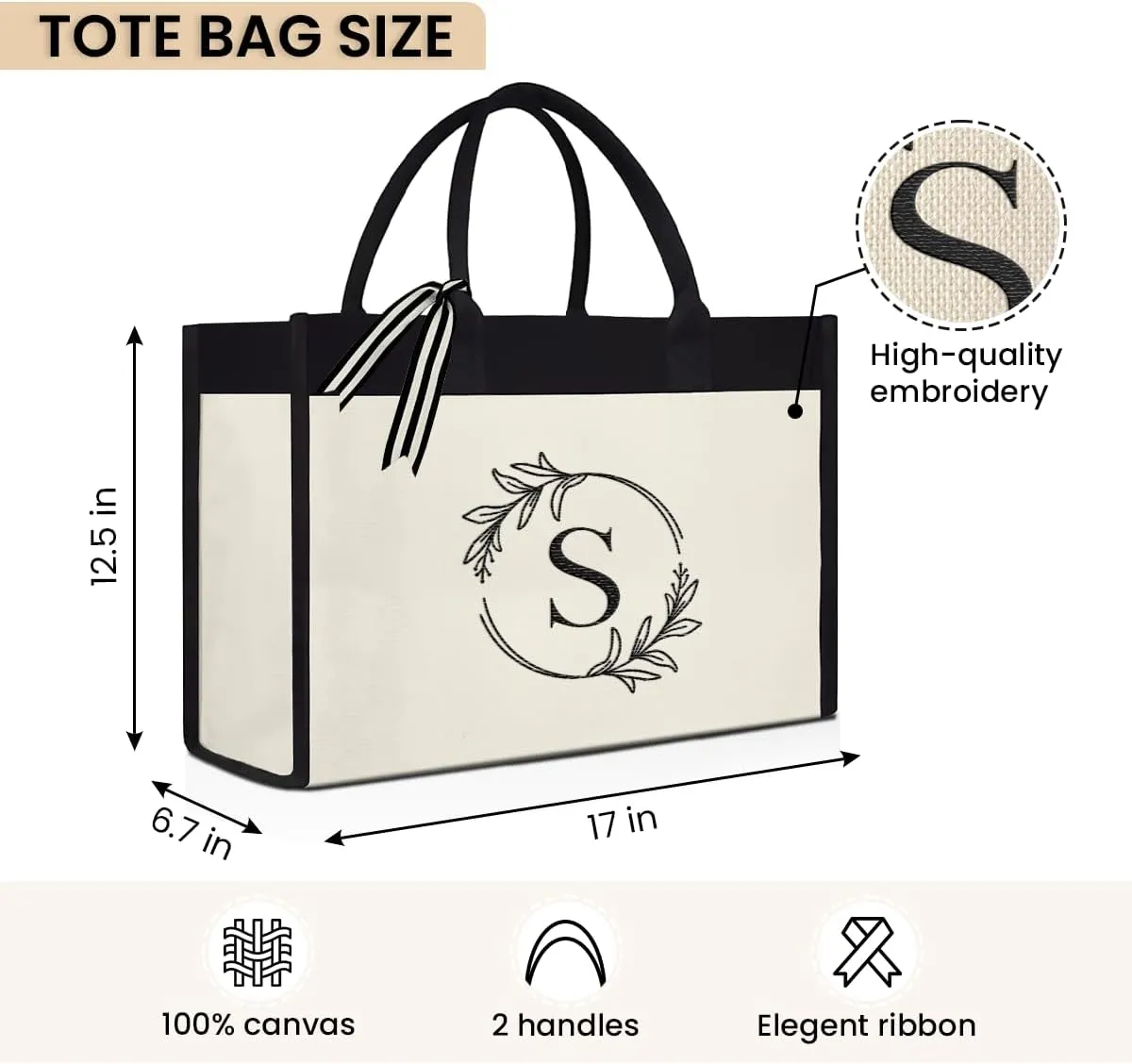 SANDJEST Monogrammed Canvas Tote Bag Embroidered Initial Beach Totes Bags Gifts for Women Friend Coworker Bridesmaid