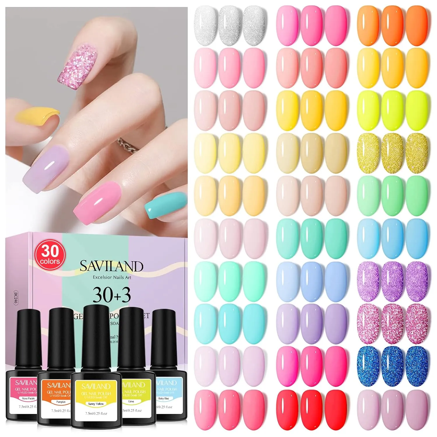 SAVILAND 33Pcs Gel Nail Polish Kit, Christmas Colors Gel Polish 7.5ml Soak Off U V LED Gel Pink Glitter Neon Bright Gel with Base & Glossy/Matte Top Gel Nail Supplies Nail Art Starter Kit Salon Home
