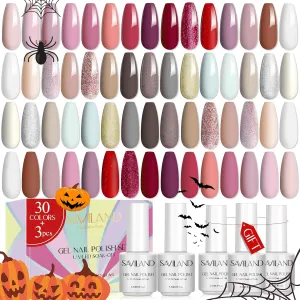 SAVILAND Gel Nail Polish Set: 33pcs Red White Pink Glitter Soak-off Nail Polish with Base & Glossy Matte Top Gel Dark Red Manicure Gifts