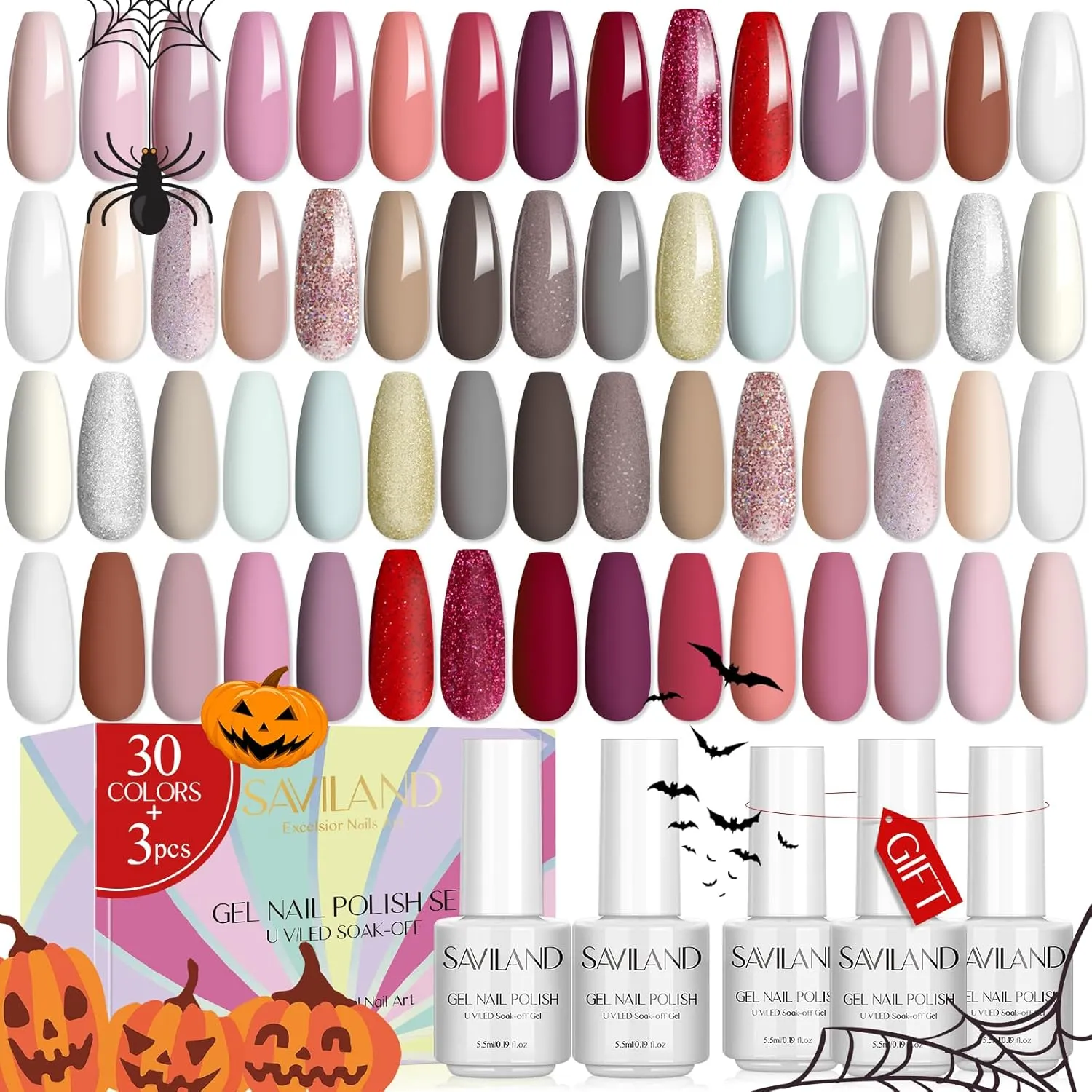 SAVILAND Gel Nail Polish Set: 33pcs Red White Pink Glitter Soak-off Nail Polish with Base & Glossy Matte Top Gel Dark Red Manicure Gifts