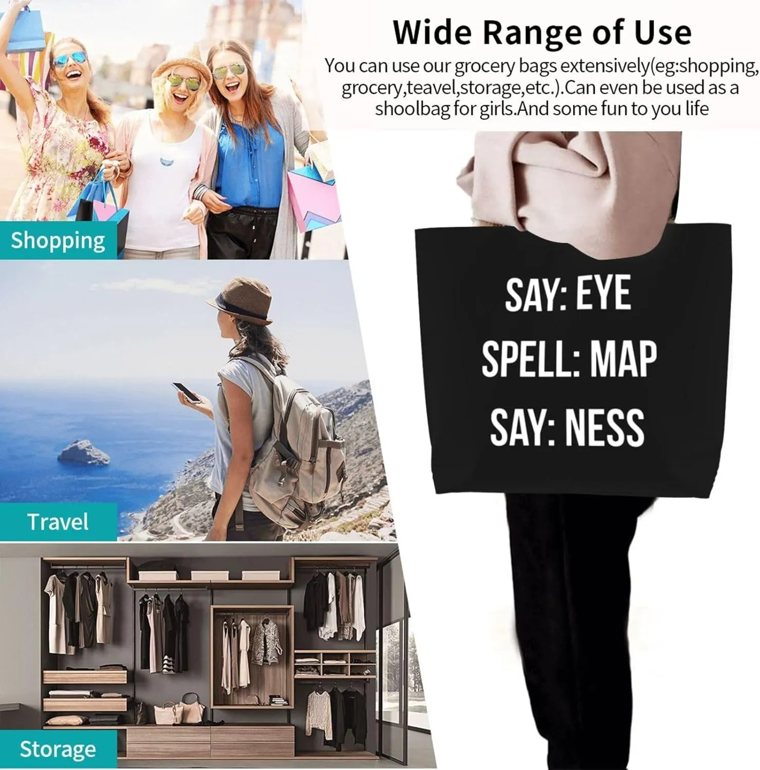 Say Eye Spell Map Say Ness Women'S Lightweight Canvas Handbag Reusable Shopping Bag