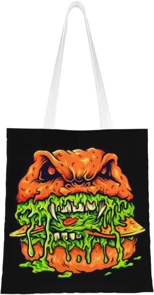 Scary Zombie Burger Tote Bag for Women Canvas Shopping Bags Reusable Large Capacity Casual Shoulder Handbags Grocery Bags DIY Gift Bags