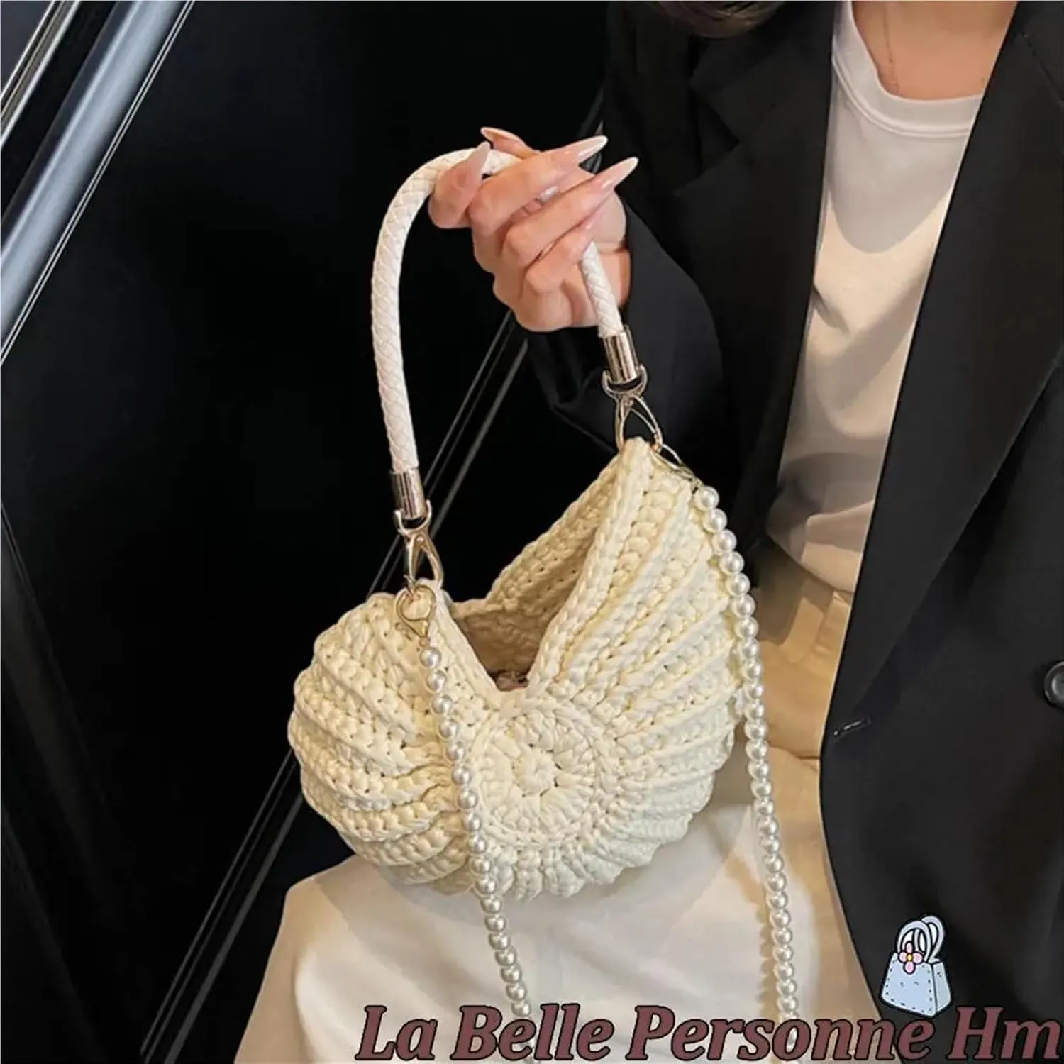 Seashell Pearls Chain Crossbody Bag Handwoven Beach Handbags Crochet Conch Shaped Shoulder Bag Vacation Seaside Weave bag