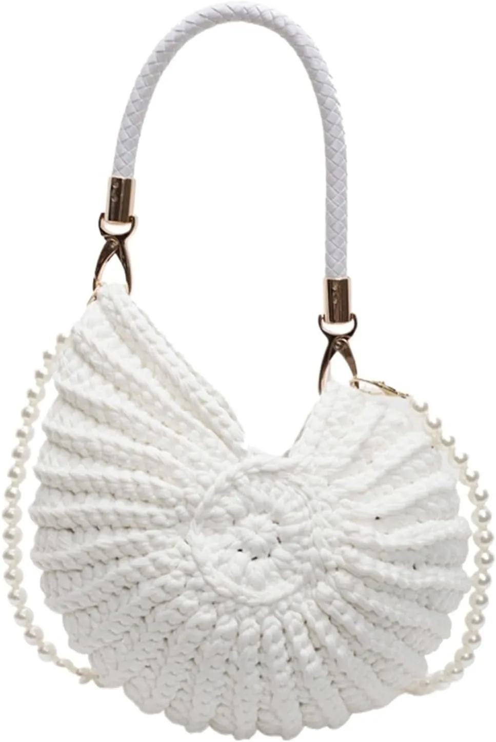 Seashell Pearls Chain Crossbody Bag Handwoven Beach Handbags Crochet Conch Shaped Shoulder Bag Vacation Seaside Weave bag