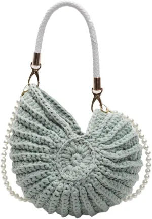 Seashell Pearls Chain Crossbody Bag Handwoven Beach Handbags Crochet Conch Shaped Shoulder Bag Vacation Seaside Weave bag