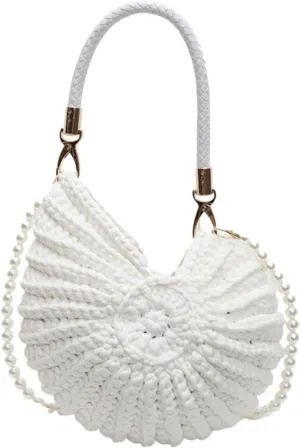 Seashell Pearls Chain Crossbody Bag Handwoven Beach Handbags Crochet Conch Shaped Shoulder Bag Vacation Seaside Weave bag