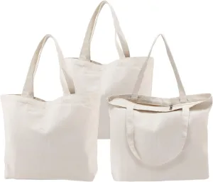 Segarty 3PCS 16.5x13 inch Natural Heavy DIY Tote for Crafting, Ironing and Embroidering, White Canvas Reusable Grocery Shopping Bag with Zipper