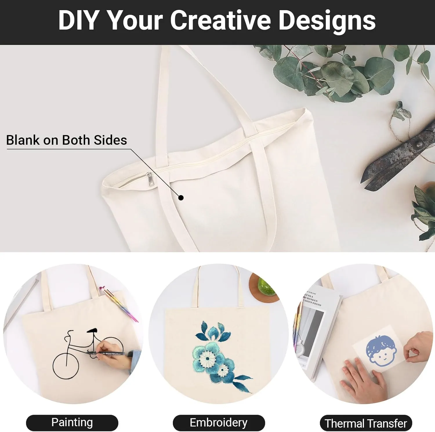 Segarty 3PCS 16.5x13 inch Natural Heavy DIY Tote for Crafting, Ironing and Embroidering, White Canvas Reusable Grocery Shopping Bag with Zipper
