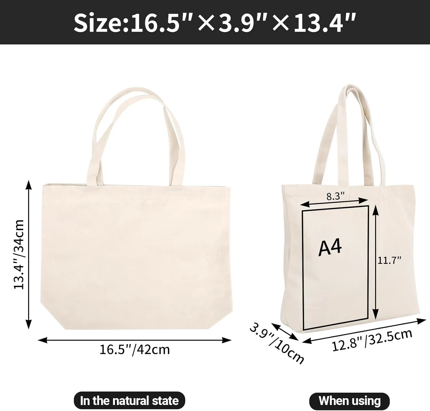 Segarty 3PCS 16.5x13 inch Natural Heavy DIY Tote for Crafting, Ironing and Embroidering, White Canvas Reusable Grocery Shopping Bag with Zipper