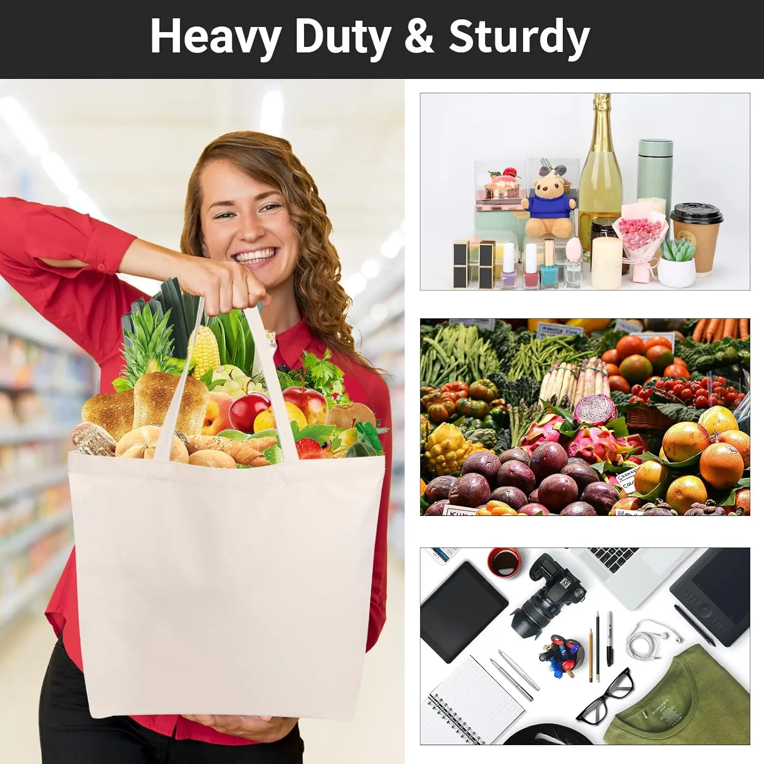 Segarty 3PCS 16.5x13 inch Natural Heavy DIY Tote for Crafting, Ironing and Embroidering, White Canvas Reusable Grocery Shopping Bag with Zipper