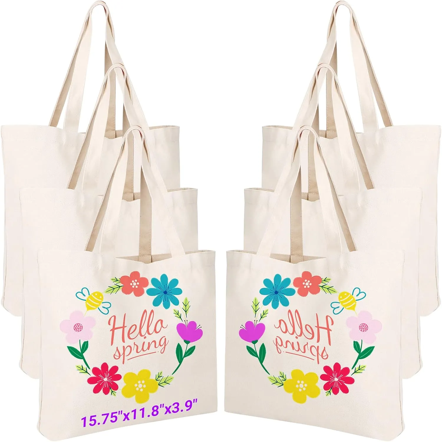 Segarty Small Canvas Tote Bag for Women, 6 Pack 15.75x11.8x3.9 Blank Canvas Tote Bags, Reusable Tote Bag with Natural Cotton and Shoulder Strap, Bulk for DIY, Grocery Shopping, Beach, Travel，Gift