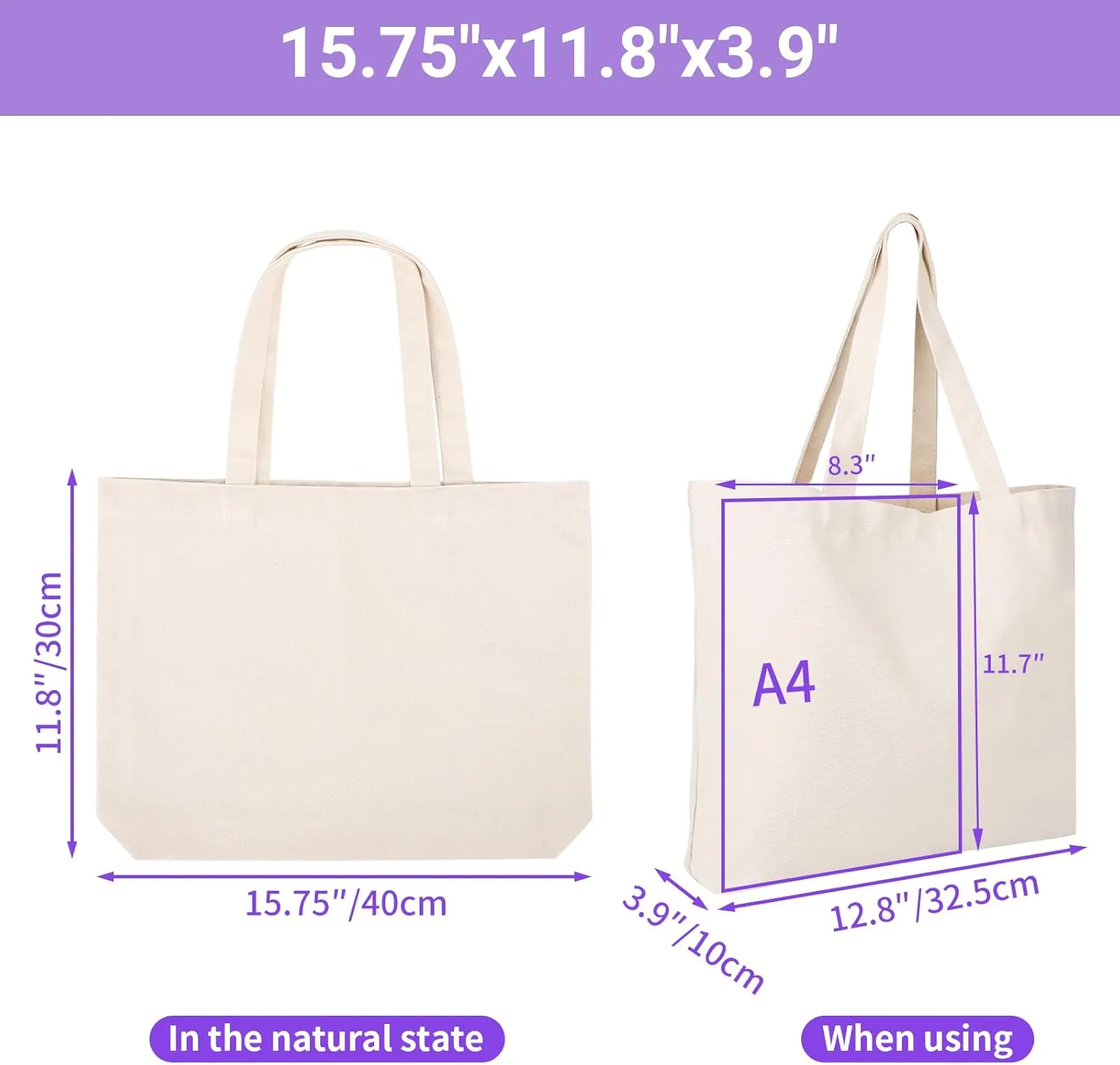 Segarty Small Canvas Tote Bag for Women, 6 Pack 15.75x11.8x3.9 Blank Canvas Tote Bags, Reusable Tote Bag with Natural Cotton and Shoulder Strap, Bulk for DIY, Grocery Shopping, Beach, Travel，Gift