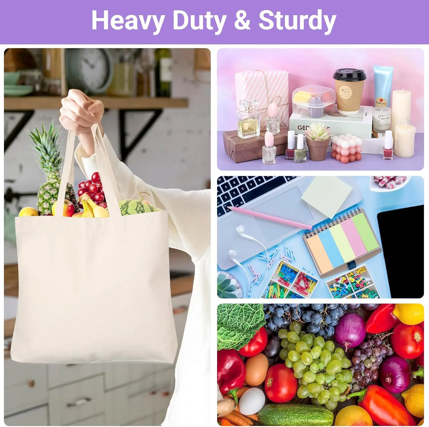 Segarty Small Canvas Tote Bag for Women, 6 Pack 15.75x11.8x3.9 Blank Canvas Tote Bags, Reusable Tote Bag with Natural Cotton and Shoulder Strap, Bulk for DIY, Grocery Shopping, Beach, Travel，Gift