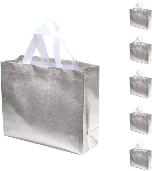 Set of 5 Glossy Reusable Grocery and Gift Bags With Handles - Non-Woven Bridesmaid Bags for Bachelorette, Women's Birthday, Wedding Party, Mother's Day, Christmas - Silver