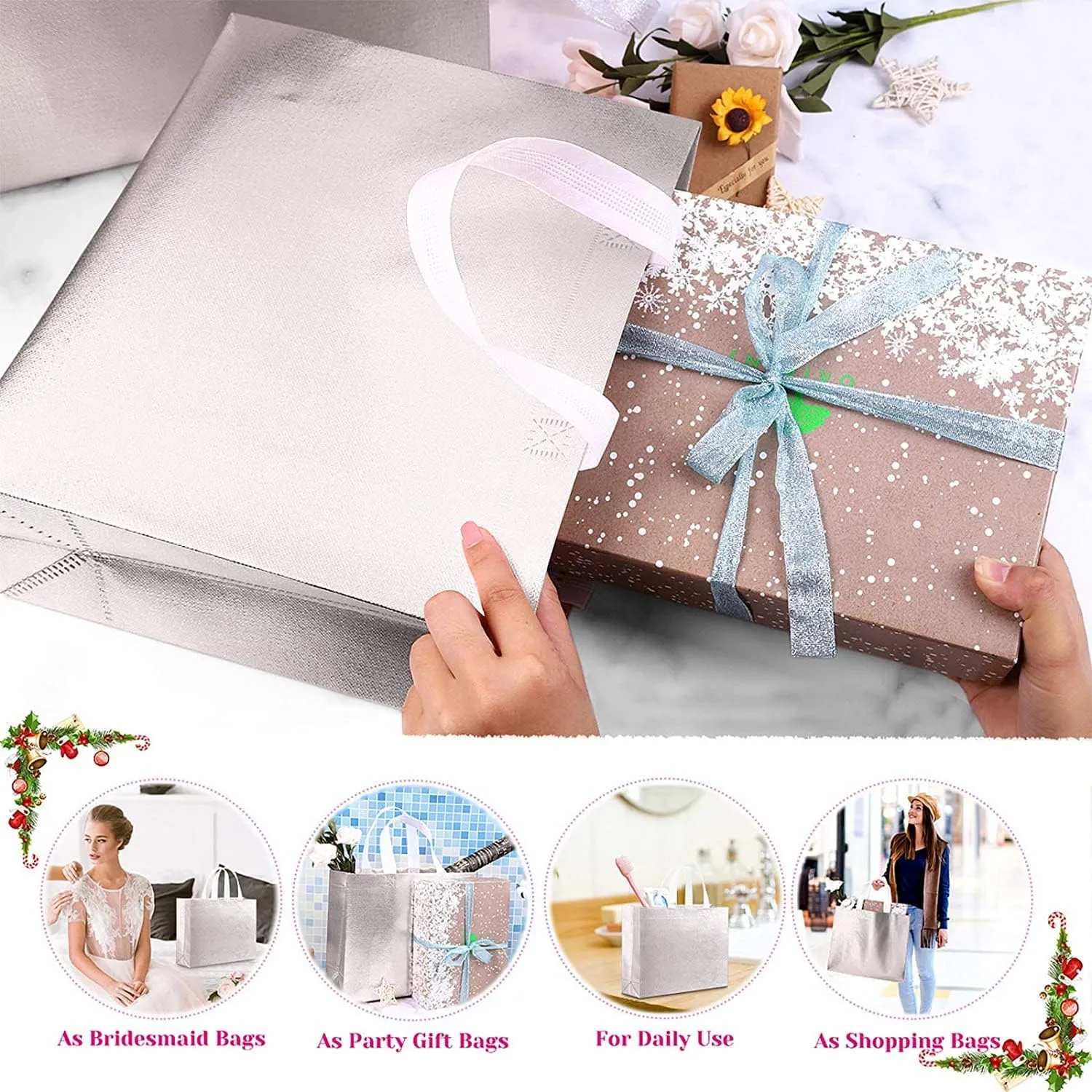 Set of 5 Glossy Reusable Grocery and Gift Bags With Handles - Non-Woven Bridesmaid Bags for Bachelorette, Women's Birthday, Wedding Party, Mother's Day, Christmas - Silver