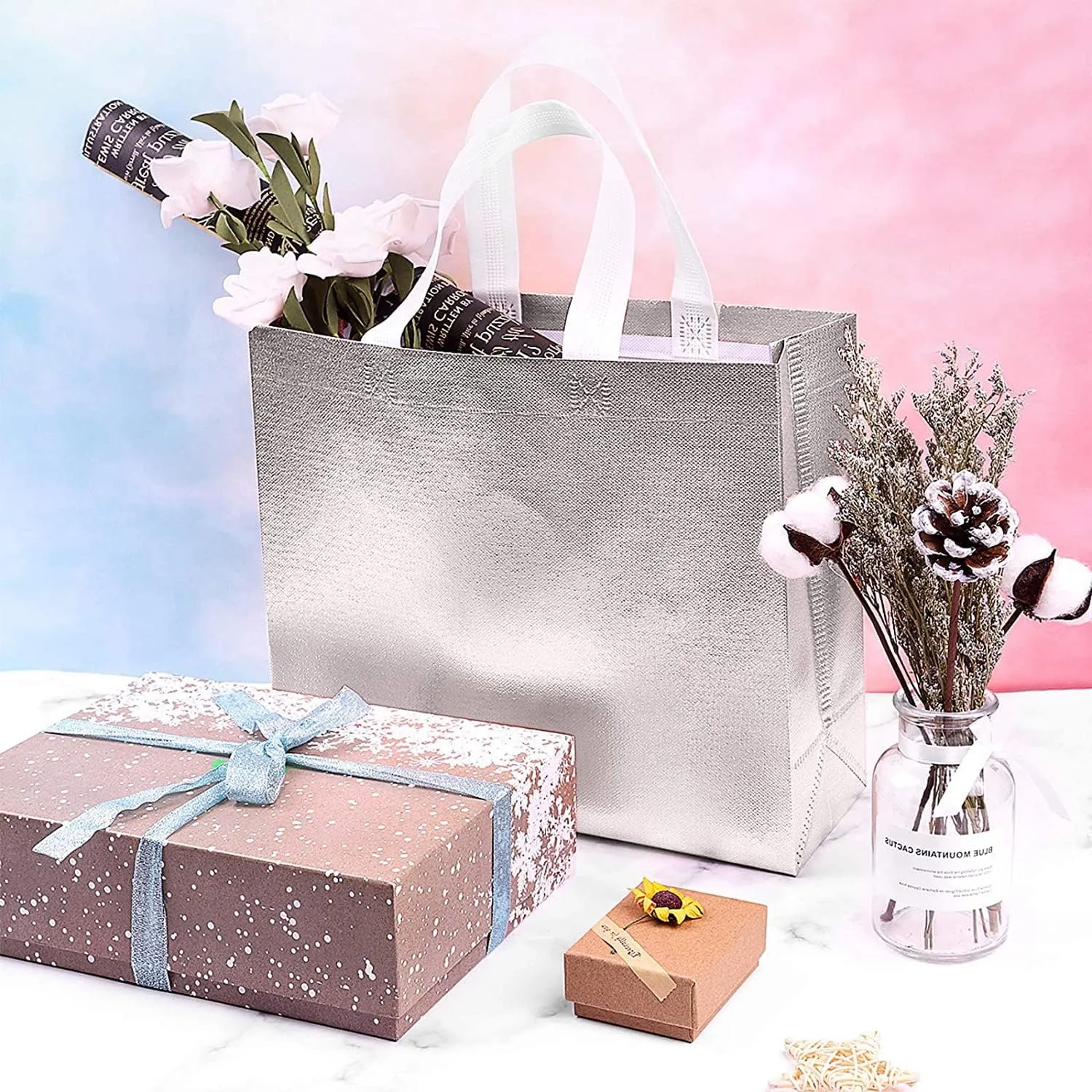 Set of 5 Glossy Reusable Grocery and Gift Bags With Handles - Non-Woven Bridesmaid Bags for Bachelorette, Women's Birthday, Wedding Party, Mother's Day, Christmas - Silver