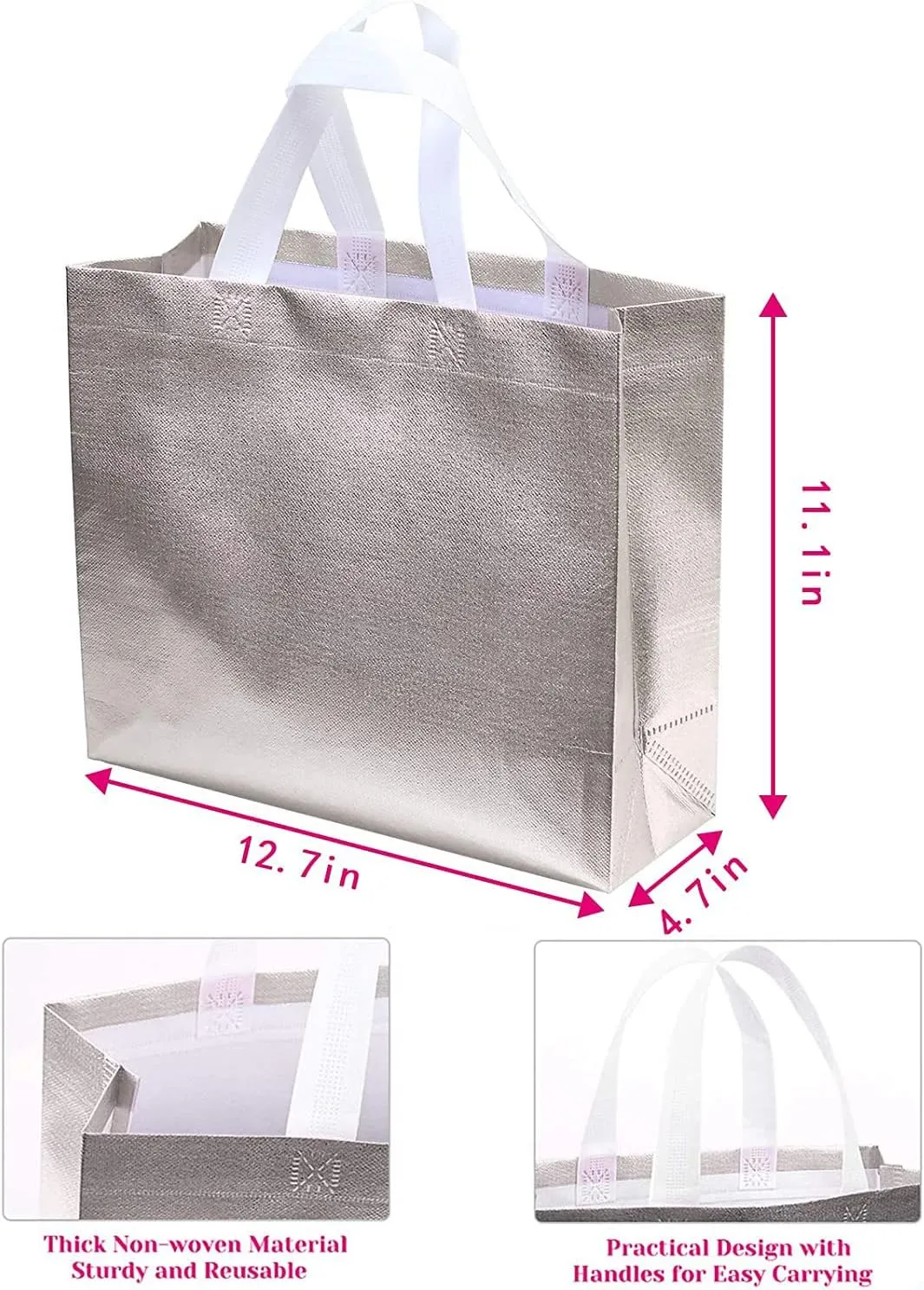 Set of 5 Glossy Reusable Grocery and Gift Bags With Handles - Non-Woven Bridesmaid Bags for Bachelorette, Women's Birthday, Wedding Party, Mother's Day, Christmas - Silver