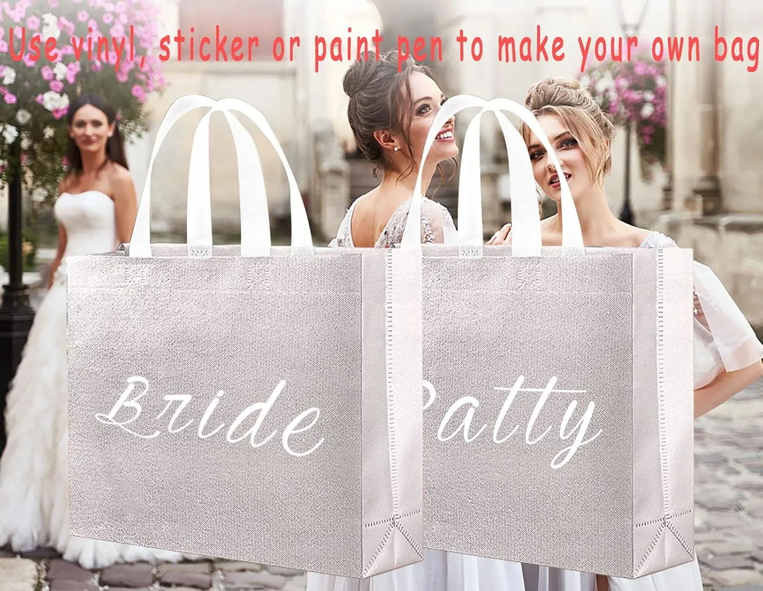 Set of 5 Glossy Reusable Grocery and Gift Bags With Handles - Non-Woven Bridesmaid Bags for Bachelorette, Women's Birthday, Wedding Party, Mother's Day, Christmas - Silver