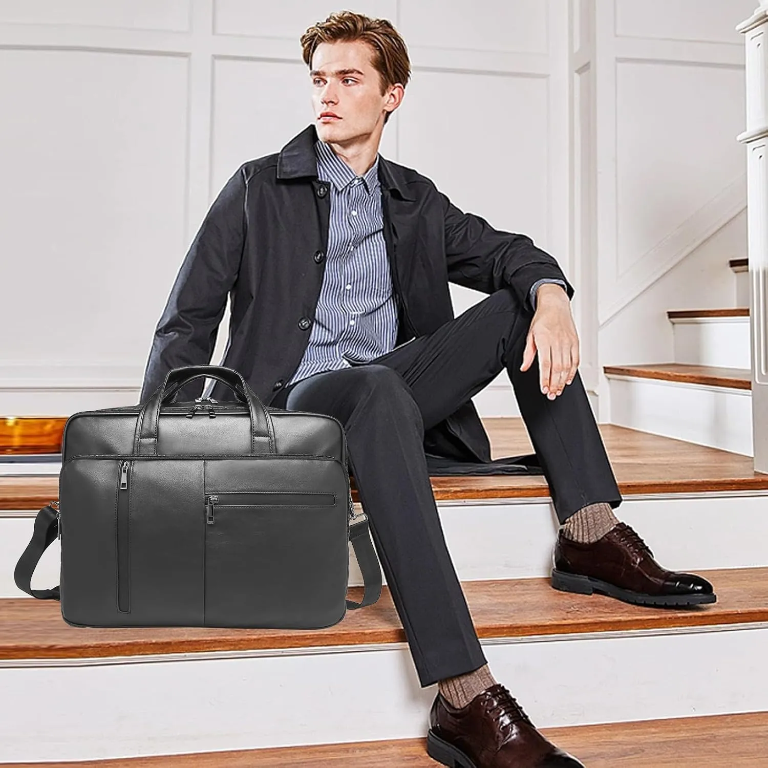seyfocnia Men's Leather Messenger Laptop Bag, Faux Leather Handbag for Adults