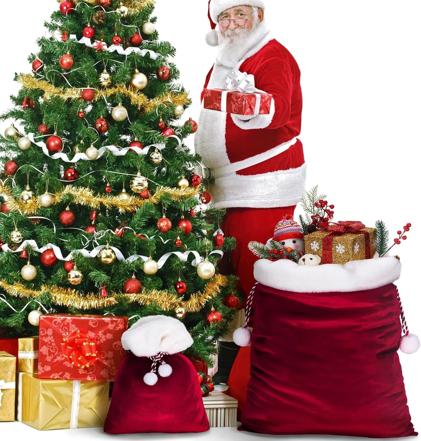 Shappy 2 Pieces Christmas Velvet Santa Bags with Drawstring in 2 Size Large Christmas Bags Santa Gift Sack for Xmas Playing Present Toy(Burgundy)