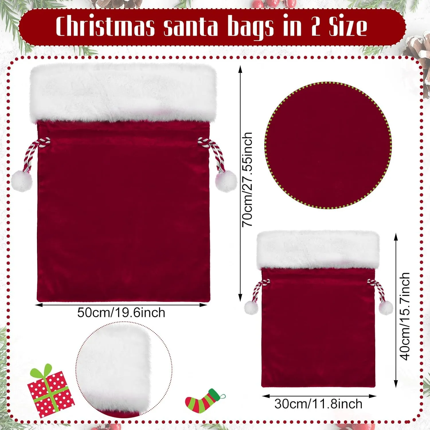 Shappy 2 Pieces Christmas Velvet Santa Bags with Drawstring in 2 Size Large Christmas Bags Santa Gift Sack for Xmas Playing Present Toy(Burgundy)